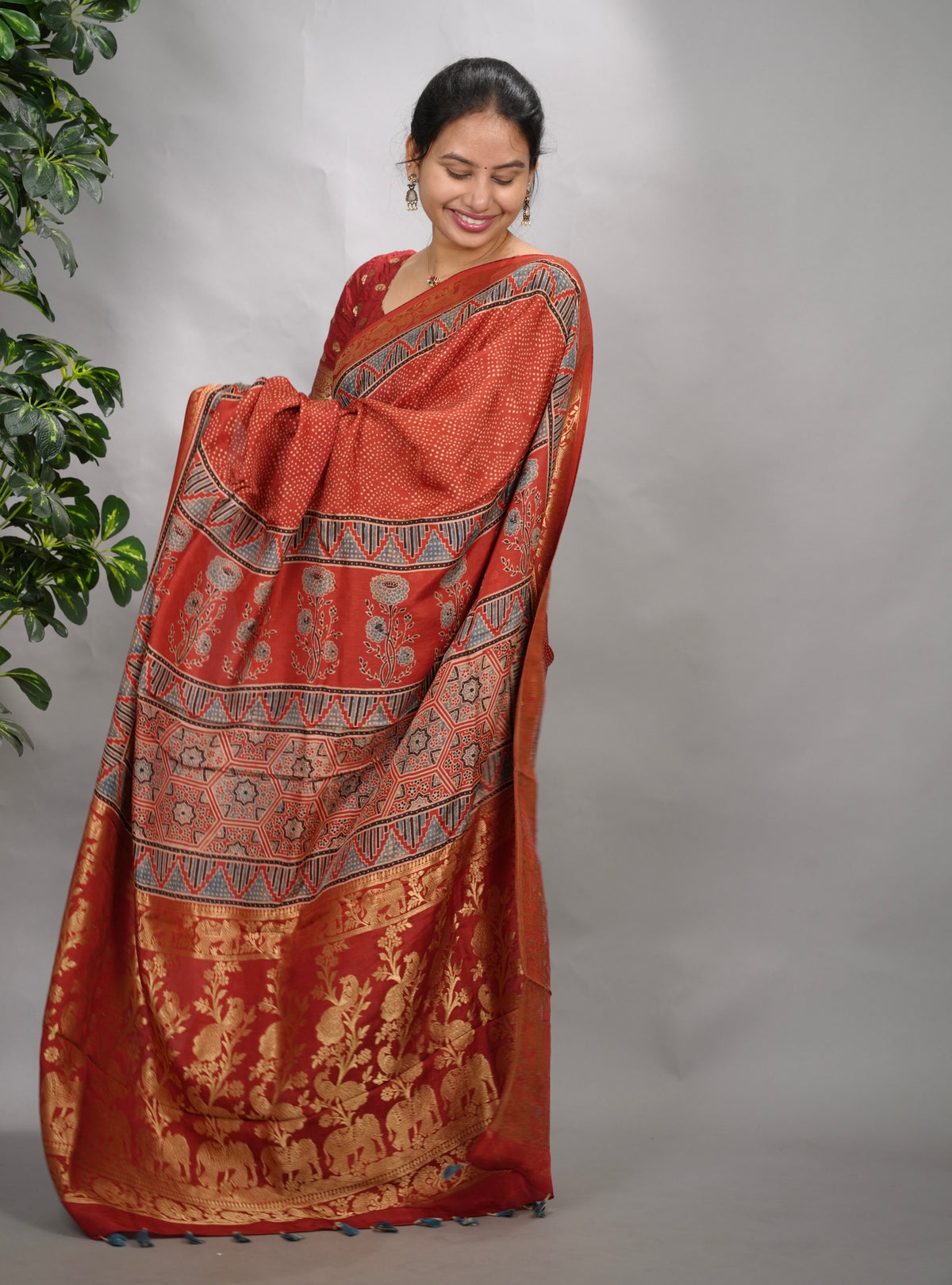 Maroon Ajrakh Handblock printed Dola Silk Saree| Looms & Tassels