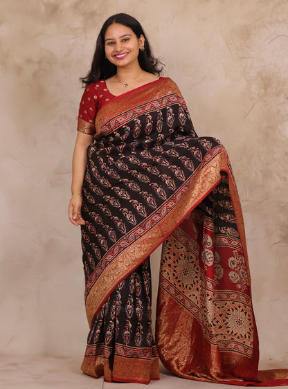 Black Ajrakh Handblock printed Dola Silk Saree | Looms & Tassels