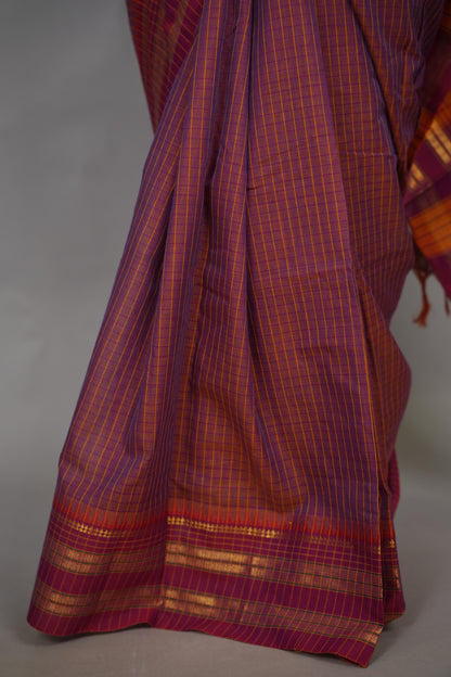 Dual Tone Checks Narayanpet Cotton Saree with Traditional contrast Border | Looms & Tassels