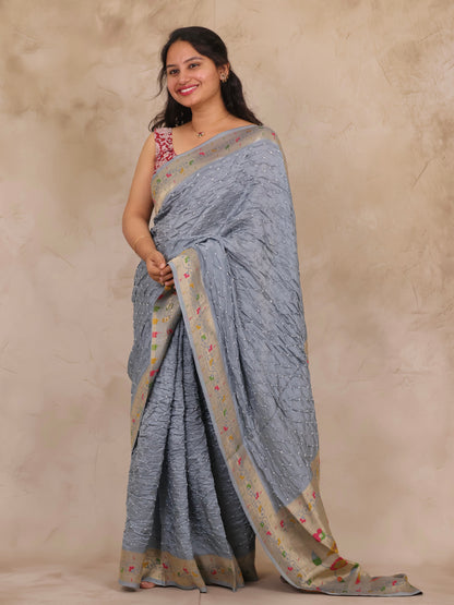 Grey Handcrafted Pattern Bandhani Paithani Dola Silk Saree | Looms & Tassels