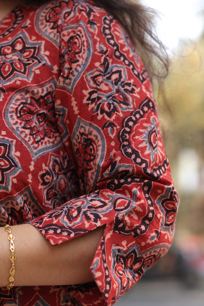 Maroon Ajrakh Hand Block Printed Kurti