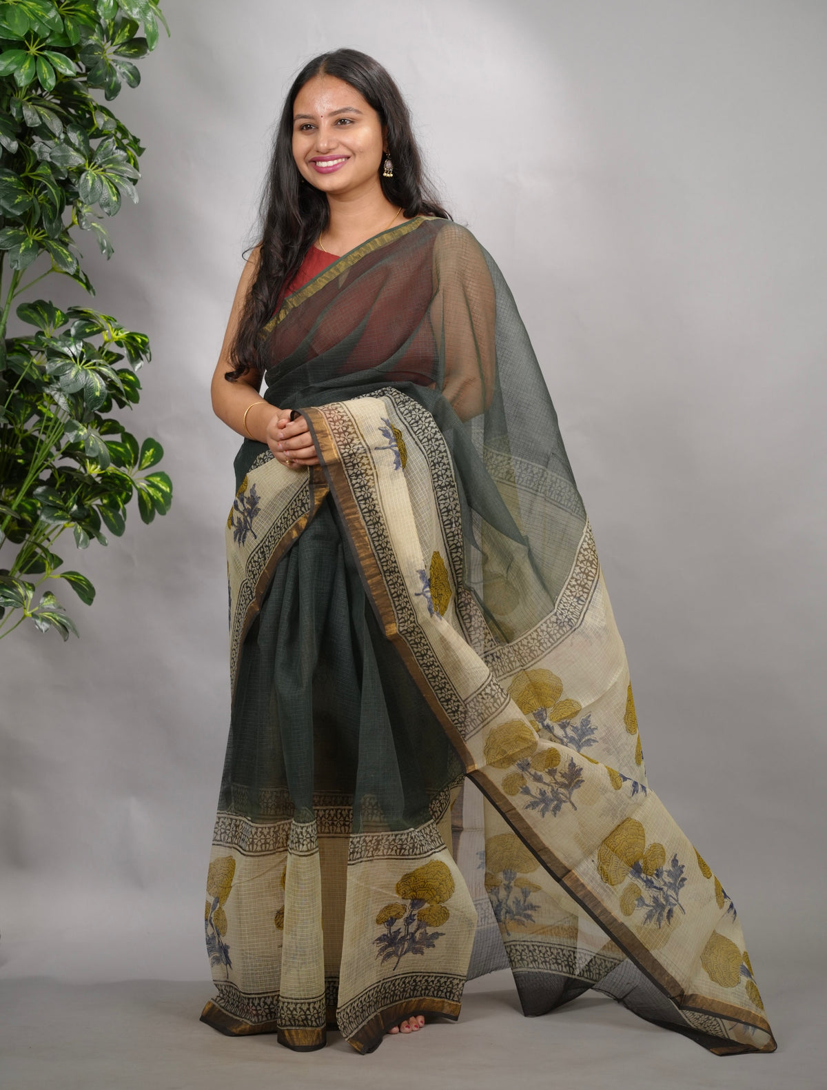 Green Pure Kota Doria Saree with Bagru Handblock Prints