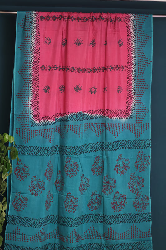Pink Hand dyeing premium chennur silk with block prints saree