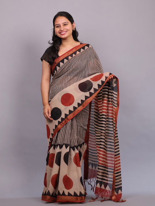 Stripes Bagru Hand Block Printed Maheswari Silk Cotton Saree