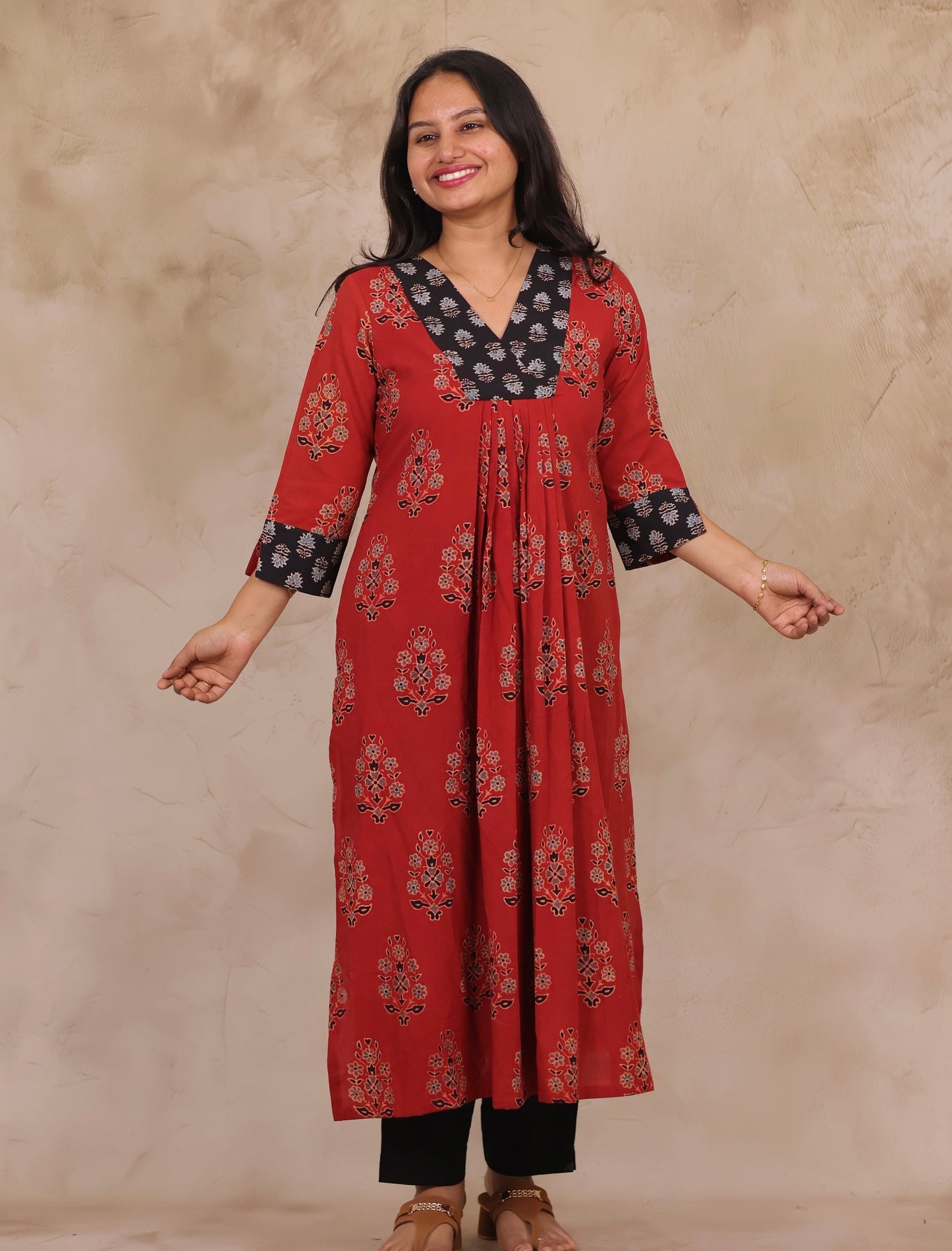 Red Pure Mul Cotton Ajrakh Patchwork Aline Kurta | Looms & Tassels