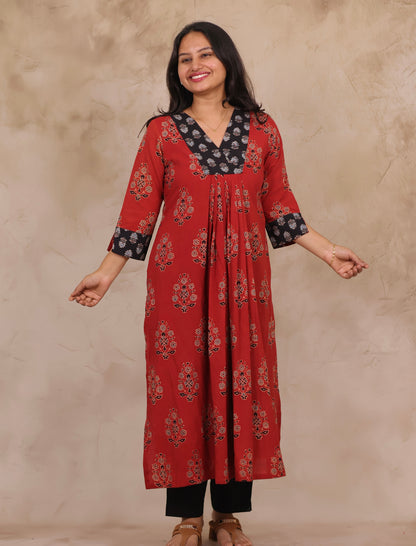 Red Pure Mul Cotton Ajrakh Patchwork Aline Kurta | Looms & Tassels