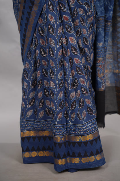 Indigo Blue Ajrakh Hand Block Printed Sungudi Cotton Saree | Looms & Tassels
