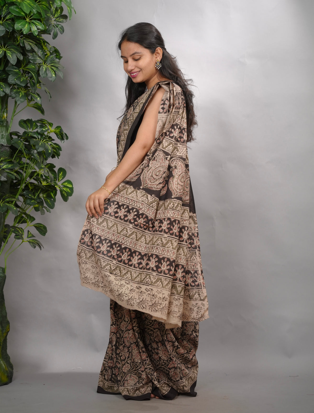 Light Black Hand Block Printed Kalamkari Cotton Saree | Looms & Tassels
