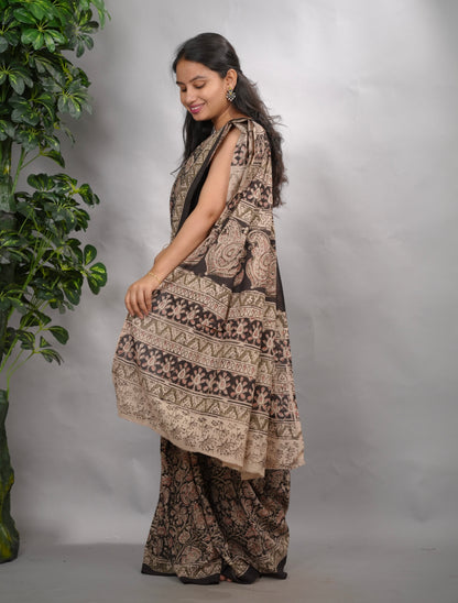 Light Black Hand Block Printed Kalamkari Cotton Saree | Looms & Tassels