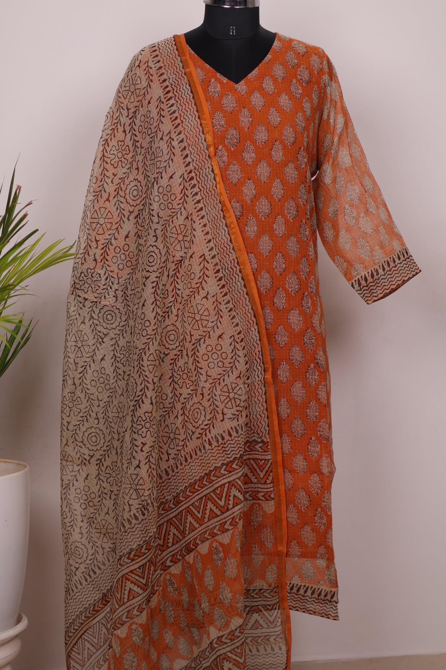 Orange Handblock printed kota 3 piece suit (stitched)