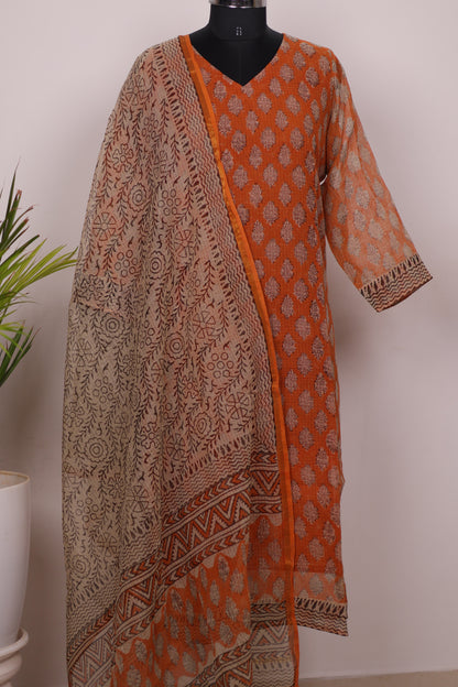 Orange Handblock printed kota 3 piece suit (stitched)