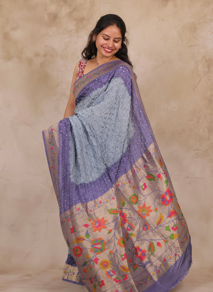 Blue & Grey Handcrafted Bandhani Paithani Dola Silk Saree | Looms & Tassels