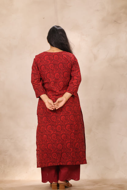 Red & Black Ajrakh Pattern Hand Block Cotton printed Kurti | Looms & Tassels