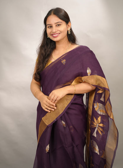 Purple Handloom Muslin Silk Saree With jamdhani weaving | Looms & Tassels