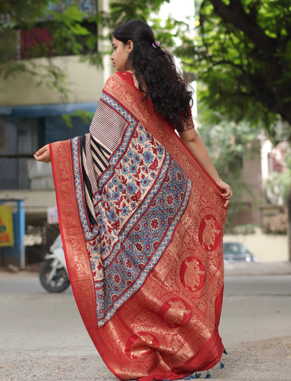 Stripes Contemporary Ajrakh Dola Silk Saree