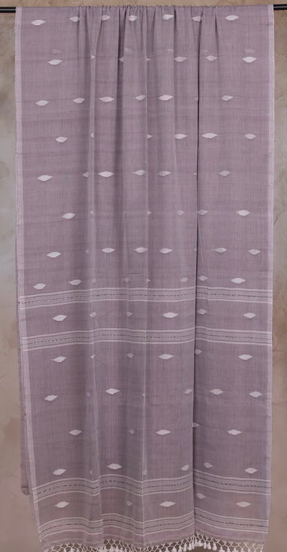 Grey Malai Cotton Saree with Butta Weaving | Looms & Tassels