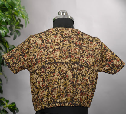 V Neck Stretchable Hand block printed kalamkari blouse (small hands) | Looms & Tassels