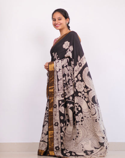 Black Nizam Border Kalamkari Silk Saree