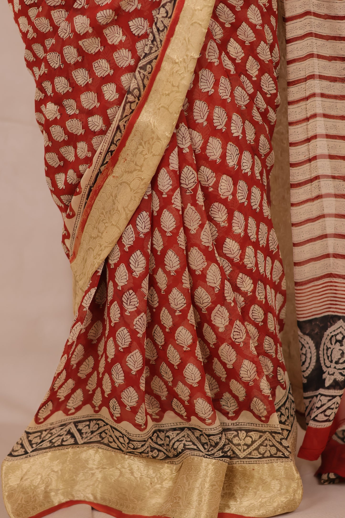 Maroon Chiffon Hand Block Printed Saree with Jari Border | Looms & Tassels