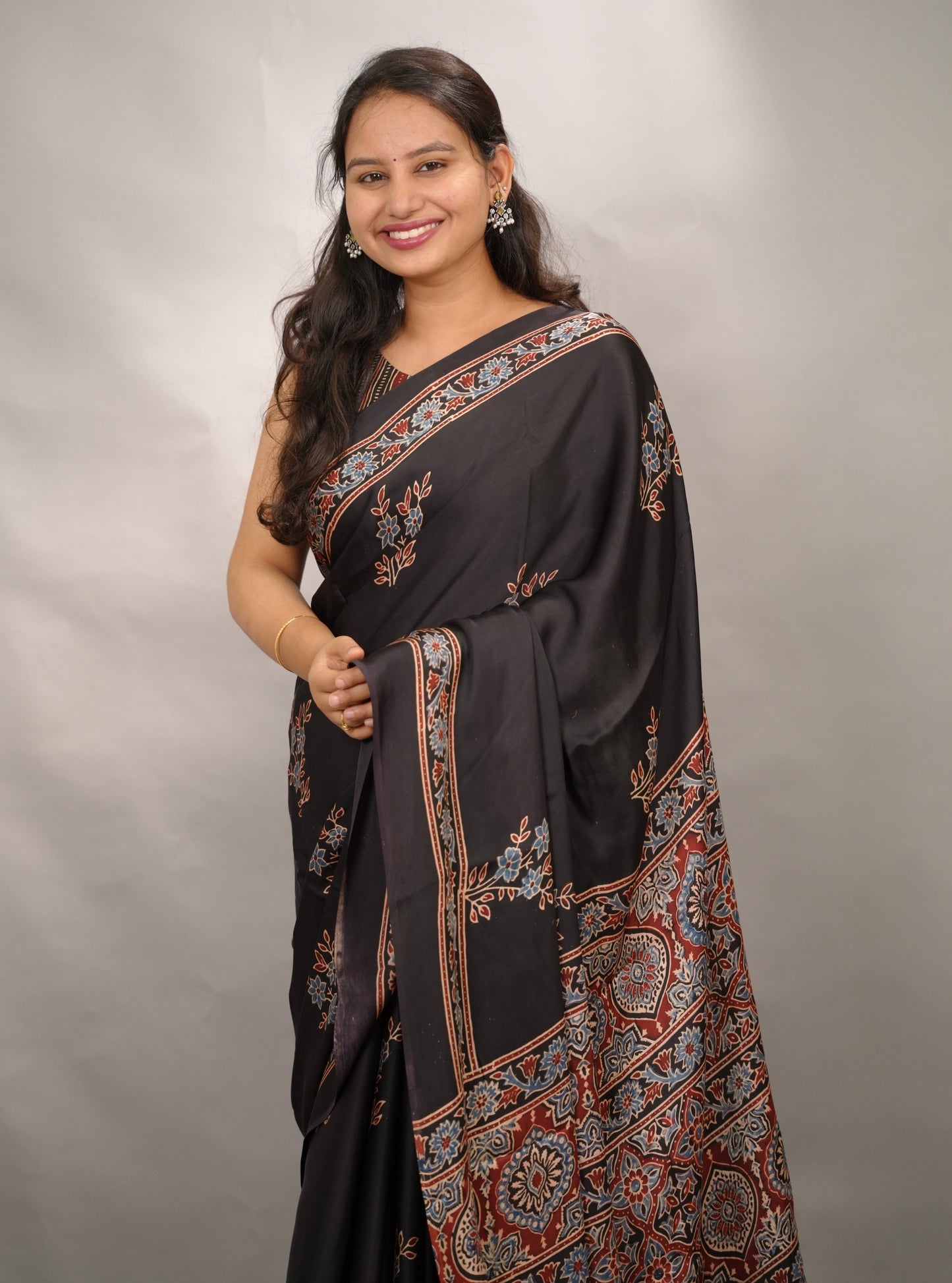 Black Authentic Ajrakh Handblock Printed Modal Silk Saree | Looms & Tassels