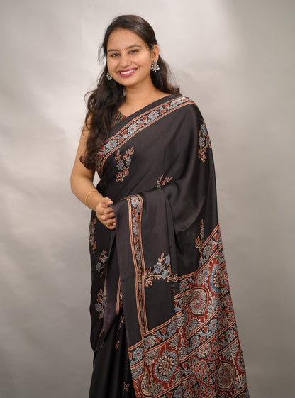 Black Authentic Ajrakh Handblock Printed Modal Silk Saree | Looms & Tassels