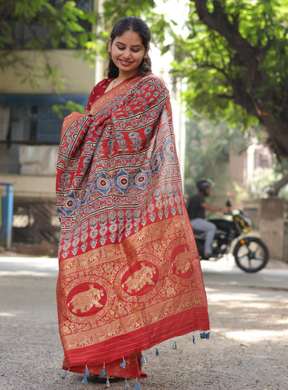Ajrakh Dola Silk Saree