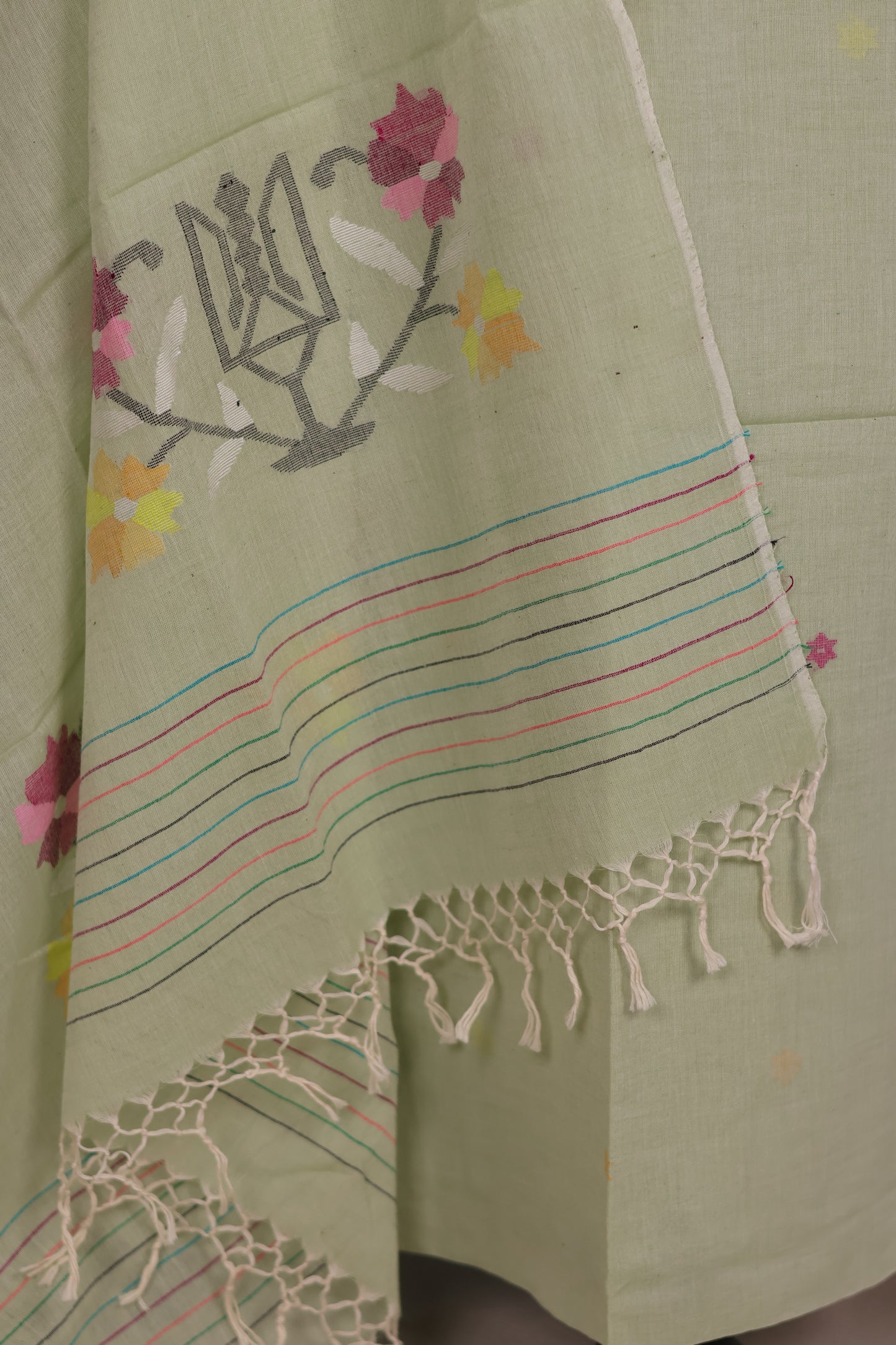 Pastel Green Handwoven Jamdhani weaving pure Malai cotton 2 piece suit sets | Looms & Tassels
