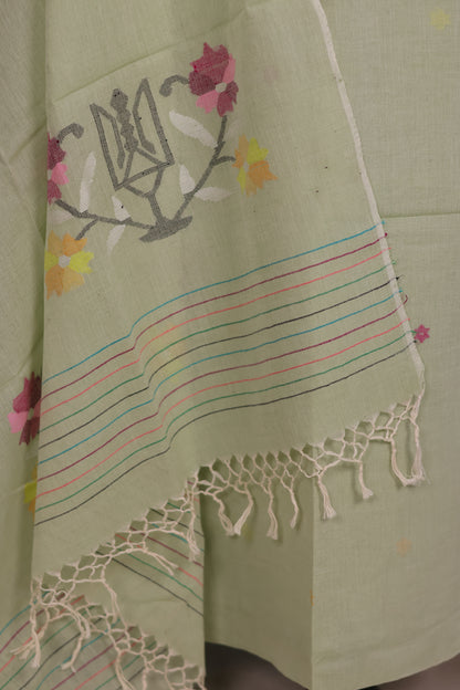 Pastel Green Handwoven Jamdhani weaving pure Malai cotton 2 piece suit sets | Looms & Tassels