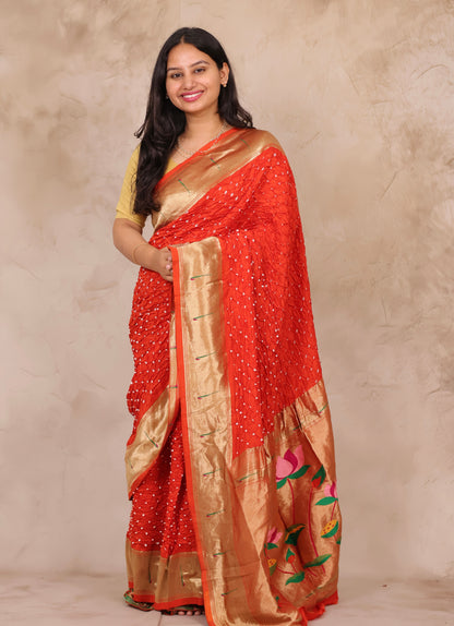 Orange Handcrafted Bandhani Paithani Dola Silk Saree | Looms & Tassels