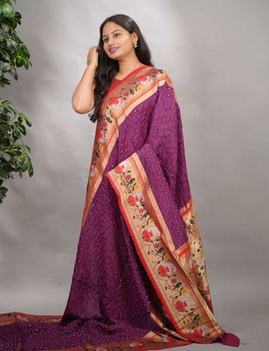 Purple Handcrafted Bandhani Paithani Dola Silk Saree | Looms & Tassels