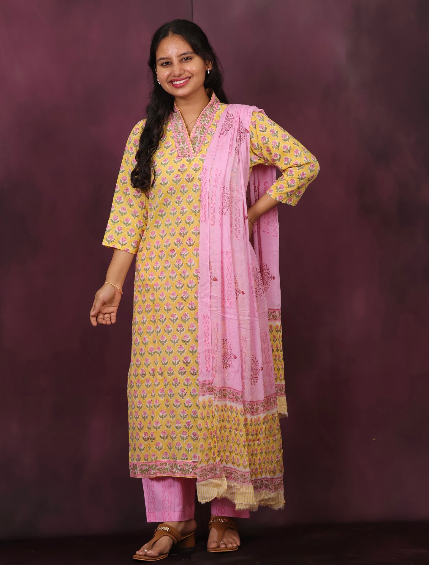 Yellow And Pink Handblock printed Pure Mul Cotton with Chiffon Dupatta 3 piece suit (stitched)