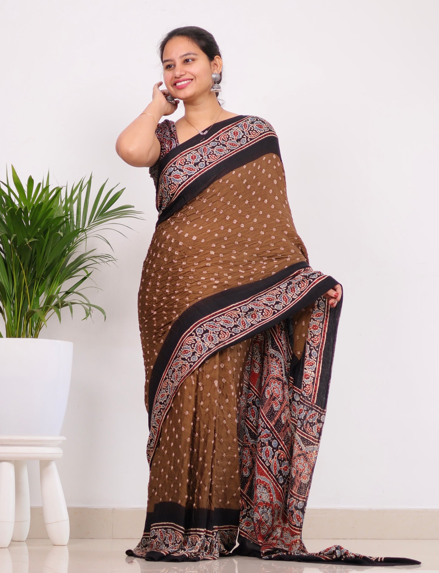 Ajrakh Bandhej Modal Silk Saree