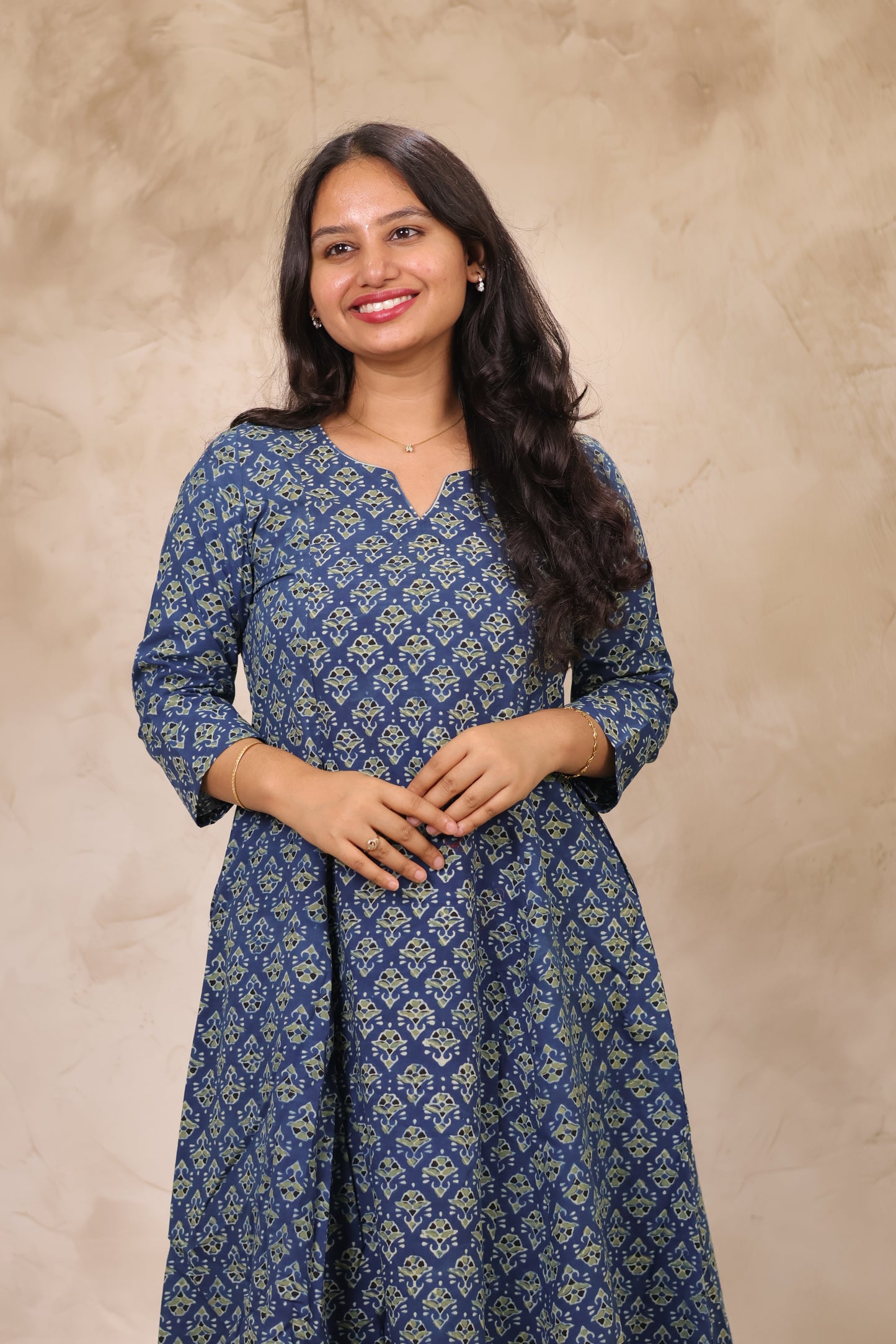 Indigo Ajrakh Handblock Printed Kali Kurti Co-ord Set (Pure Cotton ) | Looms & Tassels