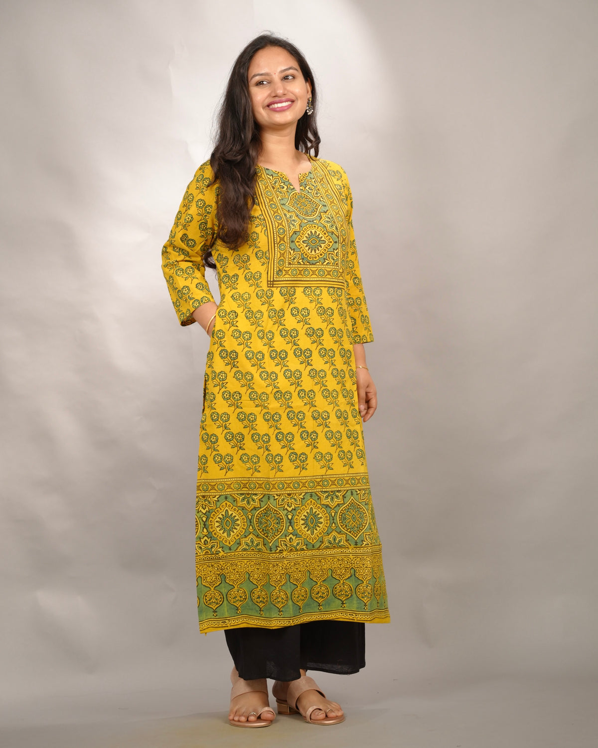 Mustard Yellow Ajrakh Pattern Hand Block printed Kurti | Looms & Tassels