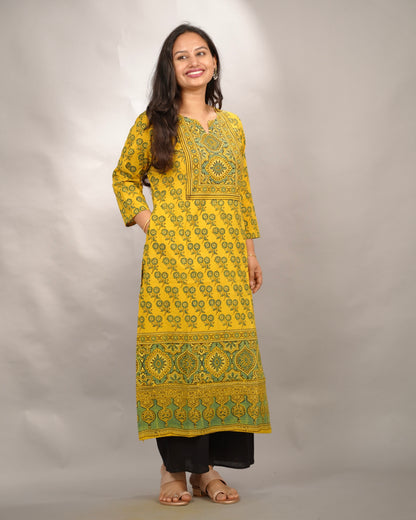 Mustard Yellow Ajrakh Pattern Hand Block printed Kurti | Looms & Tassels