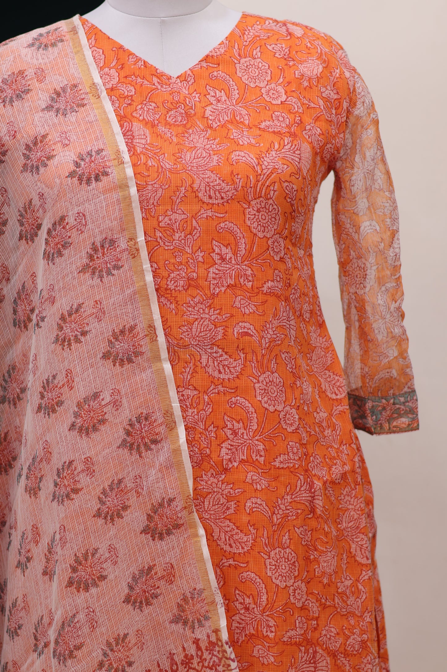 Orange Handblock printed kota 3 piece suit (stitched)