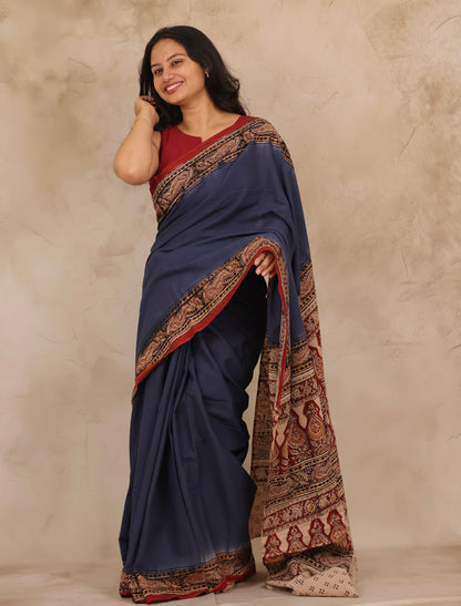 Blue Hand Block Printed Kalamkari Cotton Saree | Looms & Tassels