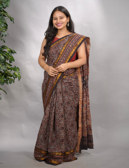 Black Ajrakh Hand Block Printed Sungudi Cotton Saree | Looms & Tassels