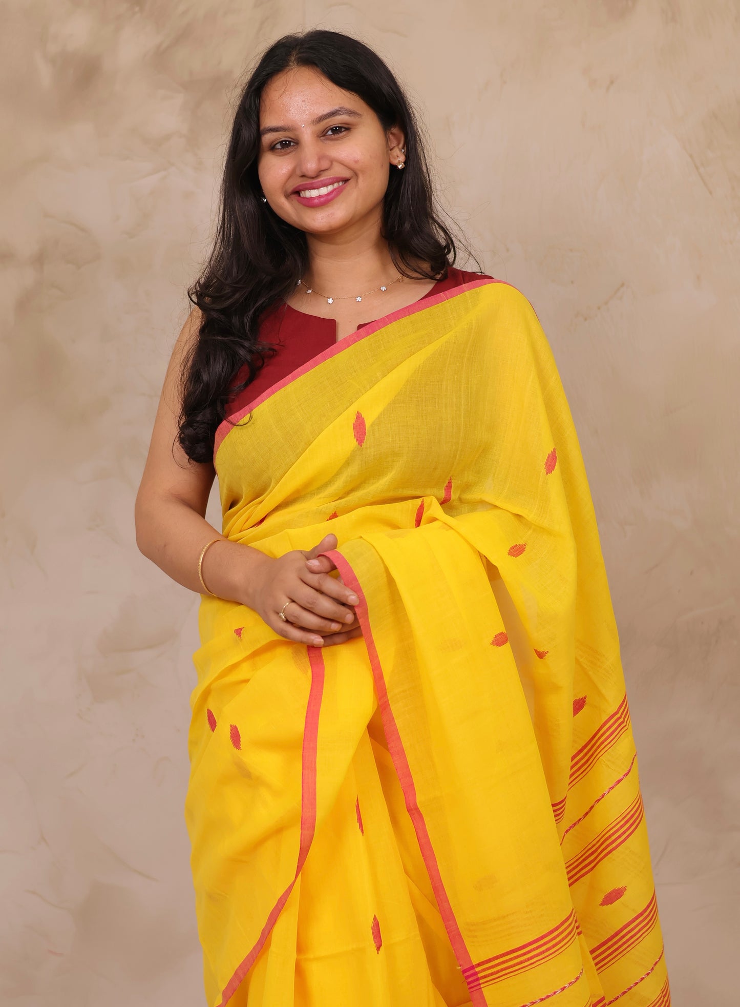 Yellow Handwoven Malai Cotton Saree| Looms & Tassels