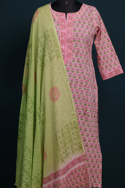 Pink Handblock printed Pure Mul Cotton with Mul Cotton Duppata 3 piece suit (stitched)