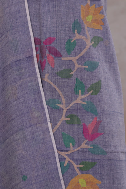 Grey Handwoven Jamdhani weaving pure Malai cotton 2 piece suit sets | Looms & Tassels