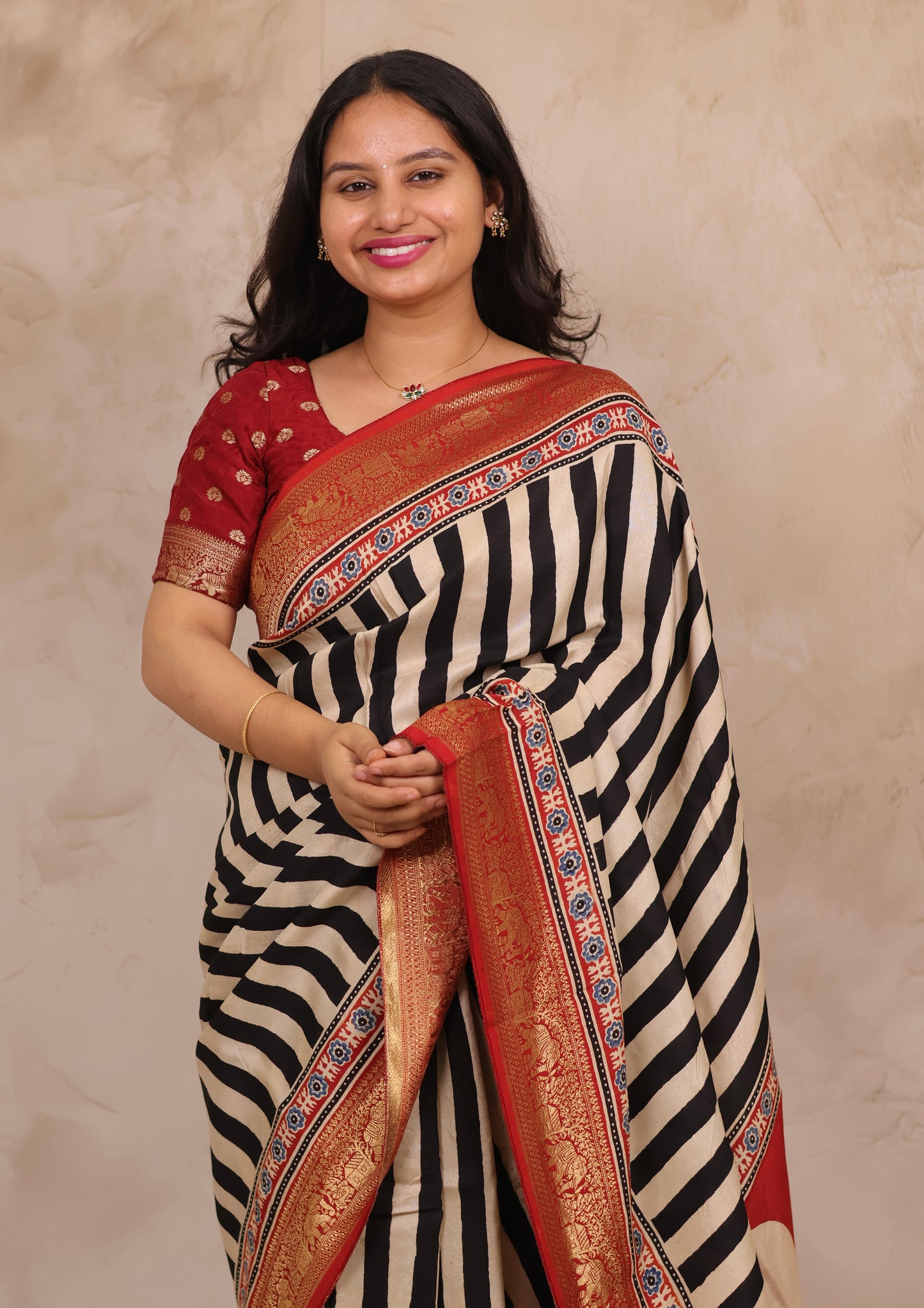 Stripes Contemporary Ajrakh Handblock printed Dola Silk Saree | Looms & Tassels