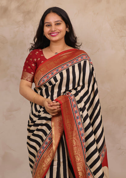 Stripes Contemporary Ajrakh Handblock printed Dola Silk Saree | Looms & Tassels