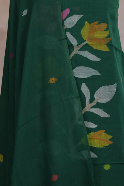 Green Handwoven Jamdhani weaving pure Malai cotton 2 piece suit sets | Looms & Tassels
