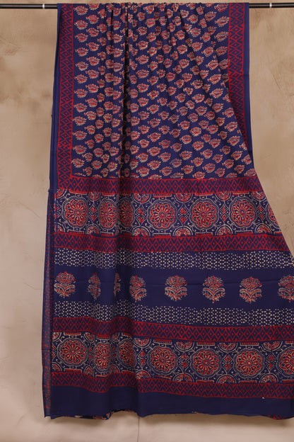 Indigo Bagru Handblock printed MulMul cotton saree | Looms & Tassels