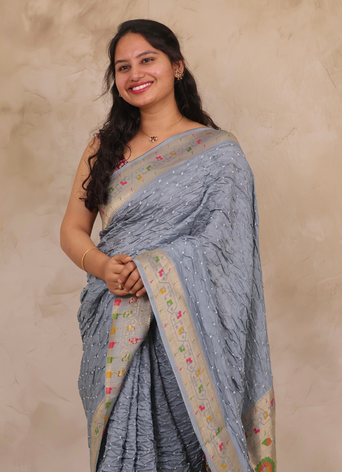 Grey Handcrafted Pattern Bandhani Paithani Dola Silk Saree | Looms & Tassels