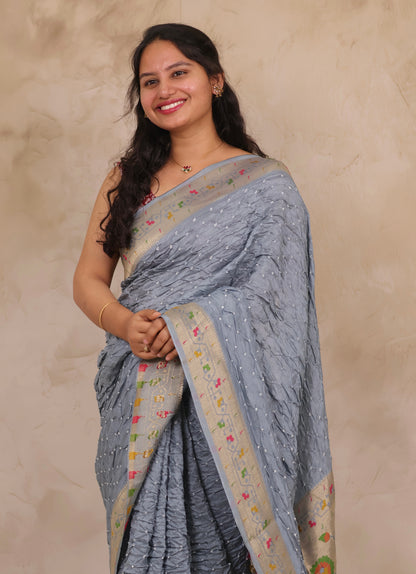 Grey Handcrafted Pattern Bandhani Paithani Dola Silk Saree | Looms & Tassels