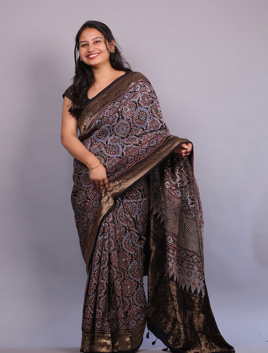 Black Traditional Badam Butta Ajrakh Handblock Printed Dola Silk Saree | Looms & Tassels