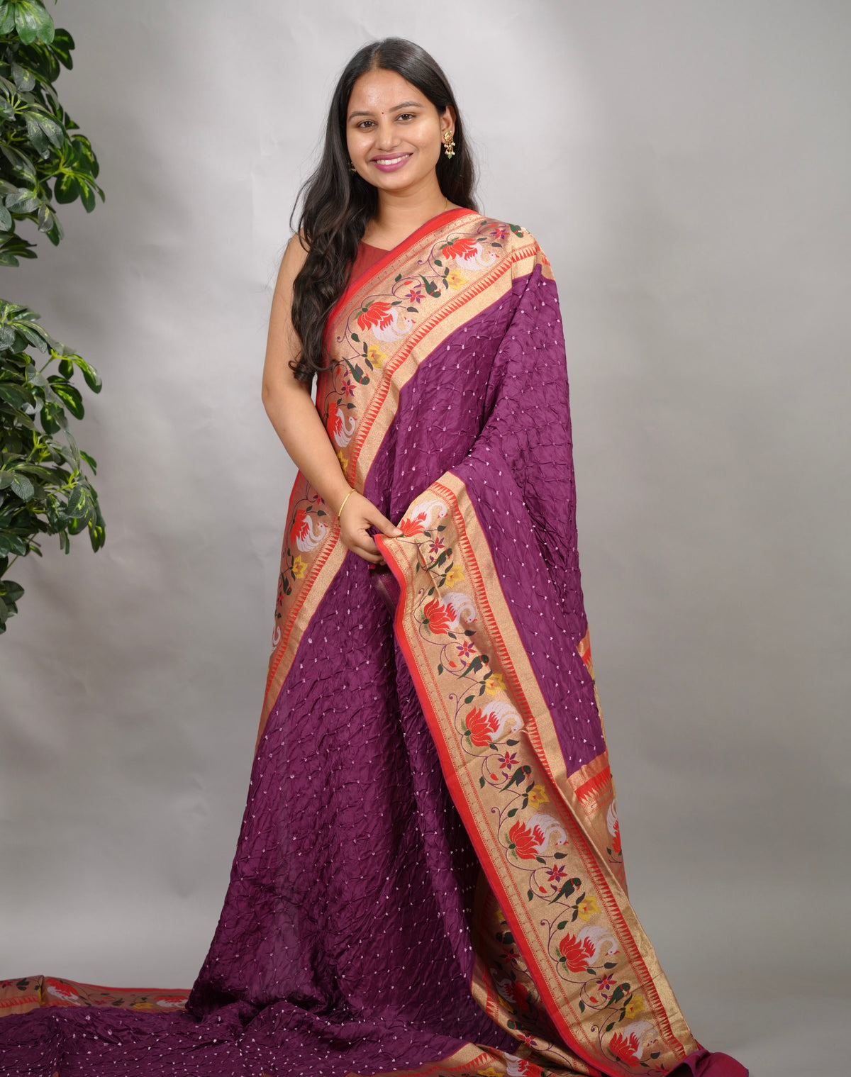 Purple Handcrafted Bandhani Paithani Dola Silk Saree | Looms & Tassels