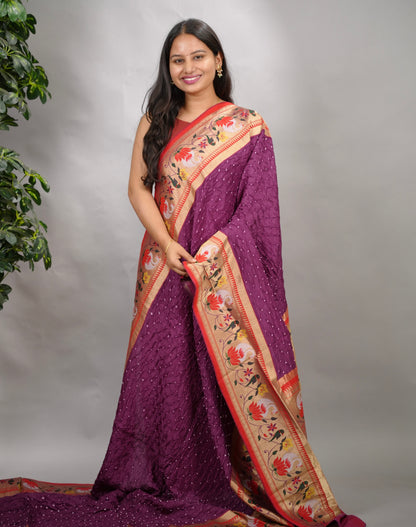 Purple Handcrafted Bandhani Paithani Dola Silk Saree | Looms & Tassels